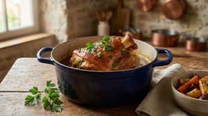 Une rouelle de porc dorée et fondante cuisinée dans une cocotte en fonte bleue sur une table en bois rustique.