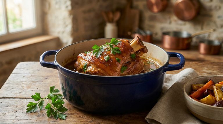Une rouelle de porc dorée et fondante cuisinée dans une cocotte en fonte bleue sur une table en bois rustique.