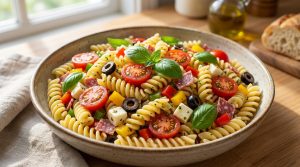 Un bol en céramique rempli d'une salade de pâtes fusilli colorée avec des tomates cerises, olives, fromage et basilic.