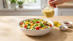 Une main verse une sauce dorée sur une salade de riz fraîche avec des tomates cerises, du maïs et du concombre.