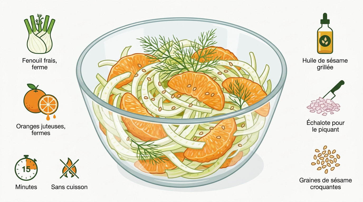Salade de fenouil cru émincé avec des suprêmes d'orange et des graines de sésame