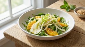 Une assiette de salade composée de tranches de fenouil, segments d'orange et graines de sésame sur une table en bois.
