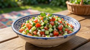 Un bol en céramique décoré rempli d'une salade marocaine fraîche aux tomates, concombres et oignons en dés.