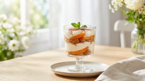 Verrine de tiramisu aux abricots frais, éclats de spéculoos et crème onctueuse, sur une table en bois près d'une fenêtre.