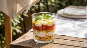 Un tiramisu salé en verrine avec stracciatella, tomates et basilic, posé sur une table en bois en extérieur.