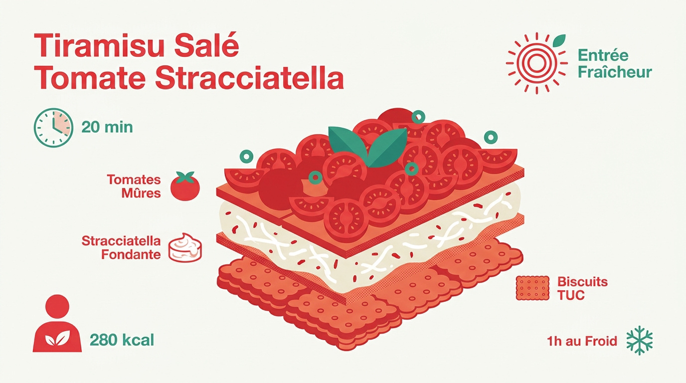 Infographie de la recette du tiramisu salé aux tomates et à la stracciatella en verrine