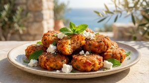 Assiette de tomatokeftedes dorés garnis de menthe fraîche et de feta, avec la mer en arrière-plan.