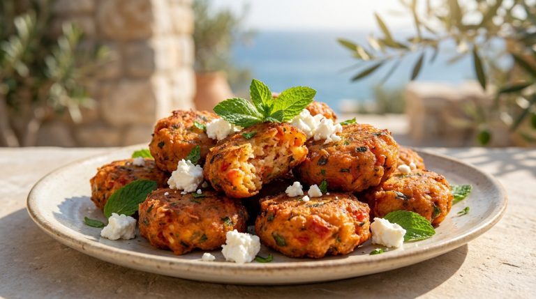 Assiette de tomatokeftedes dorés garnis de menthe fraîche et de feta, avec la mer en arrière-plan.