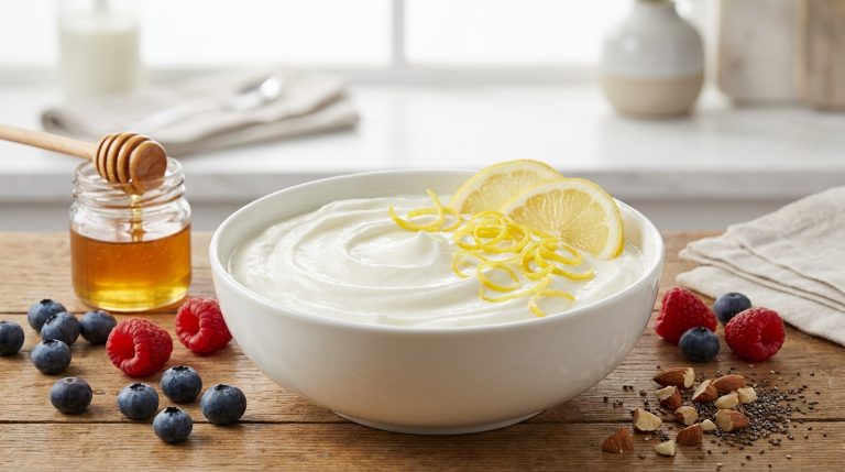 Bol de yaourt nature garni de zestes de citron, avec du miel, des myrtilles, des framboises et des amandes.