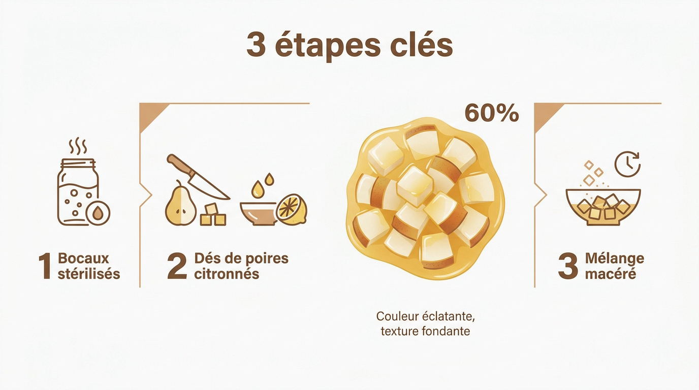 Poires fraîches découpées et citronnées pour la préparation d'une confiture maison
