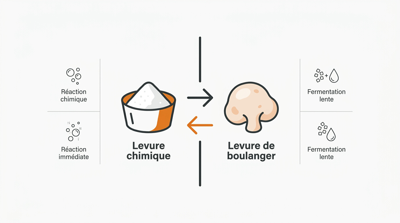 Comparaison visuelle entre levure chimique en poudre et levure boulangère fraîche