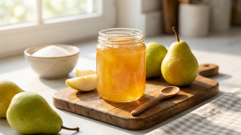 Un pot de confiture de poires artisanale entouré de poires fraîches et de sucre sur une planche en bois.
