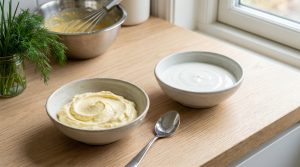 Bols de fromage blanc et crème onctueuse sur une table en bois avec un fouet et des herbes fraîches en arrière-plan.