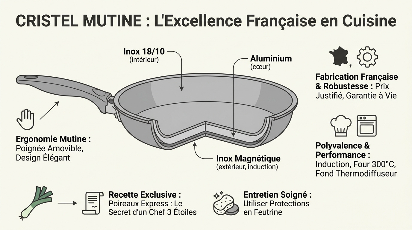 Poêle Cristel Mutine en inox brillant avec manche amovible coloré
