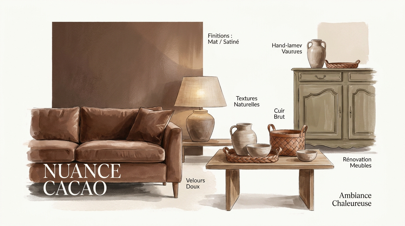 Ambiance de décoration intérieure chaleureuse aux tons cacao et bois naturel