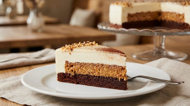 Une part de gâteau à trois couches sur une assiette blanche avec une fourchette, sur une table en bois.