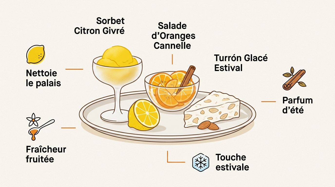Sélection de desserts légers avec sorbet au citron et salade d'oranges à la cannelle
