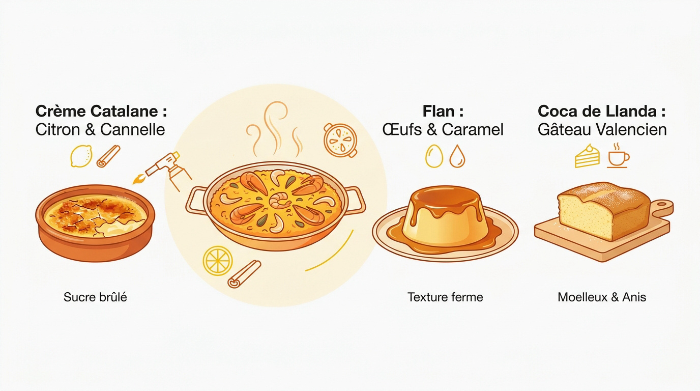 Sélection de desserts espagnols traditionnels incluant crème catalane et flan pour accompagner une paella