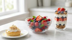 Une tartelette au citron meringuée, un bol de fruits rouges frais et une verrine de yaourt, granola et fruits.