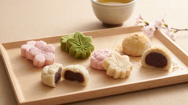 Sélection de wagashi colorés en forme de fleurs et feuilles sur un plateau en bois avec du thé.