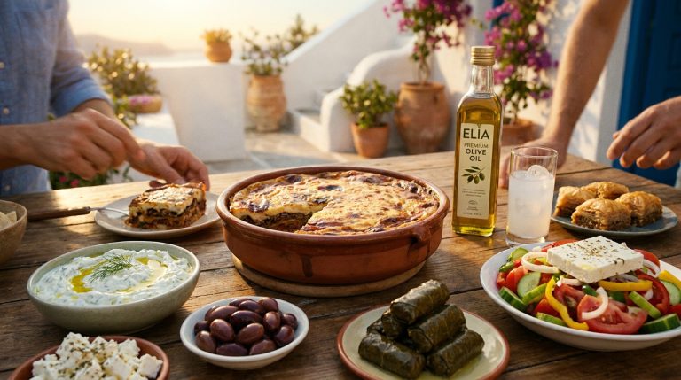 Table en bois dressée avec moussaka, salade grecque, olives, tzatziki et huile d'olive sous un soleil de Grèce.
