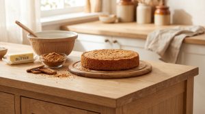 Fond de gâteau croustillant sur une planche en bois avec beurre et biscuits émiettés dans une cuisine lumineuse.