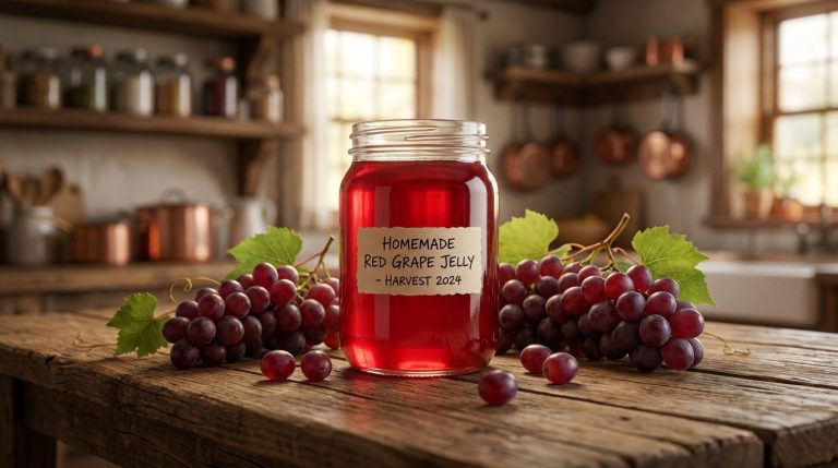 Un bocal de gelée de raisin rouge sur une table en bois rustique entouré de grappes de raisin fraîches dans une cuisine.