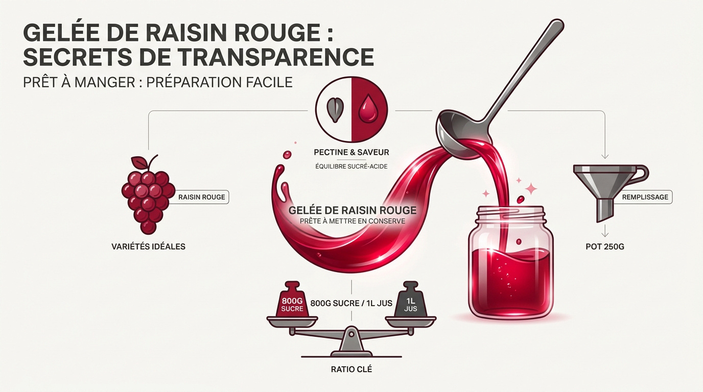 Gelée de raisin rouge translucide dans un pot en verre