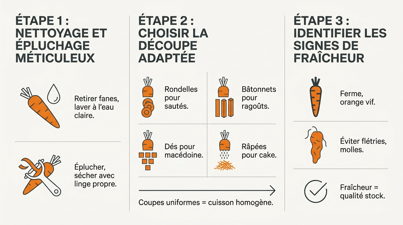 Carottes fraîches épluchées et découpées sur une planche en bois