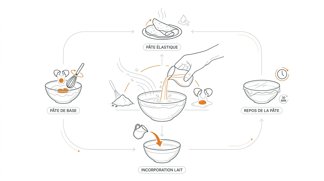 Infographie détaillée de la recette traditionnelle de pâte à crêpes moelleuses