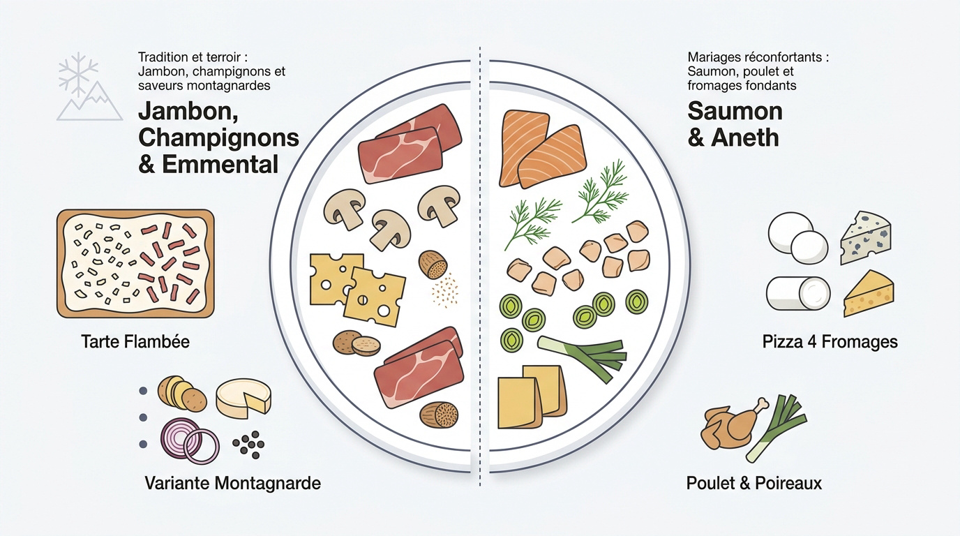 Infographie comparant les garnitures de pizzas blanches traditionnelles et réconfortantes