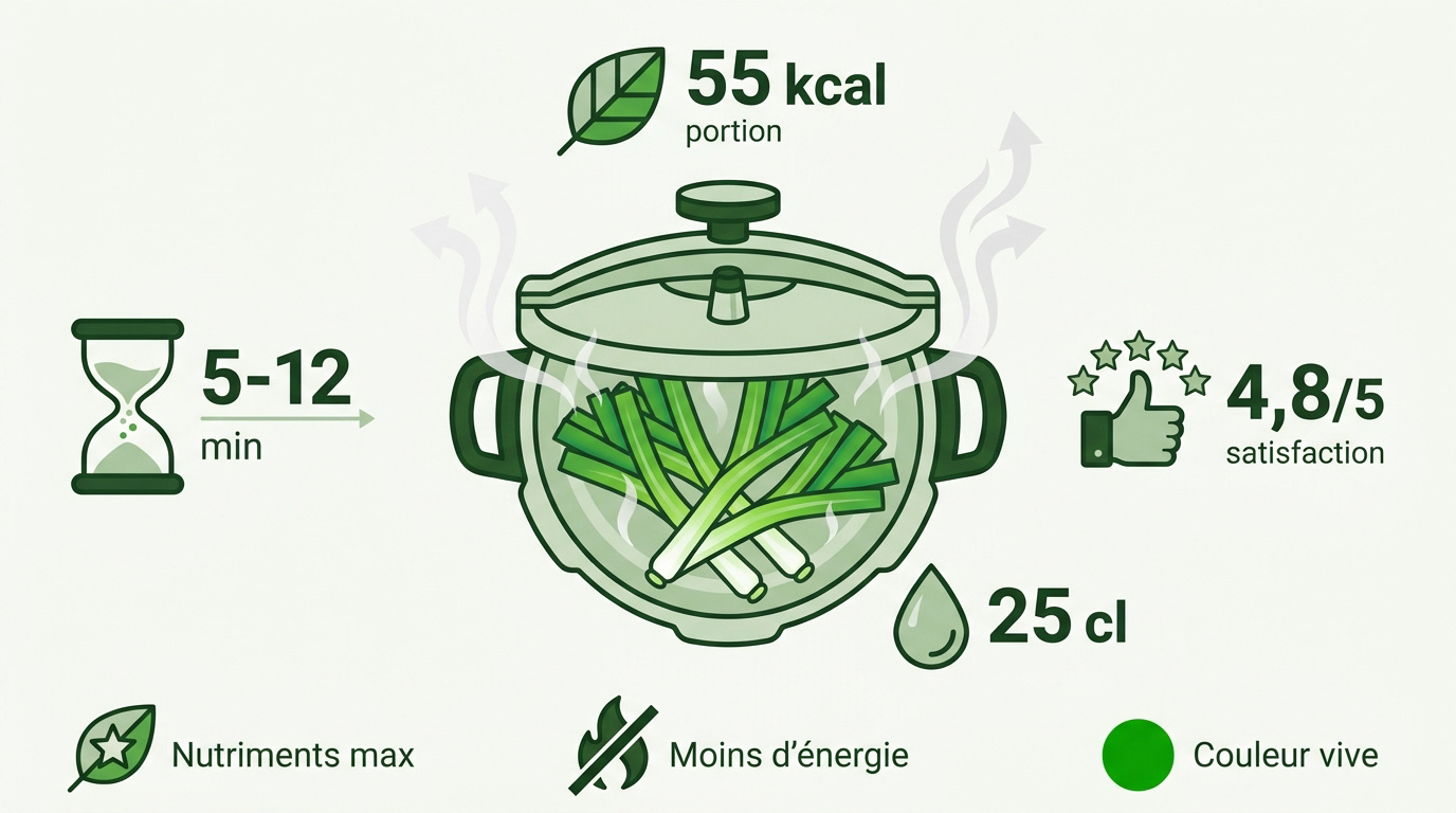 Infographie détaillant les temps de cuisson et étapes pour les poireaux à la cocotte-minute