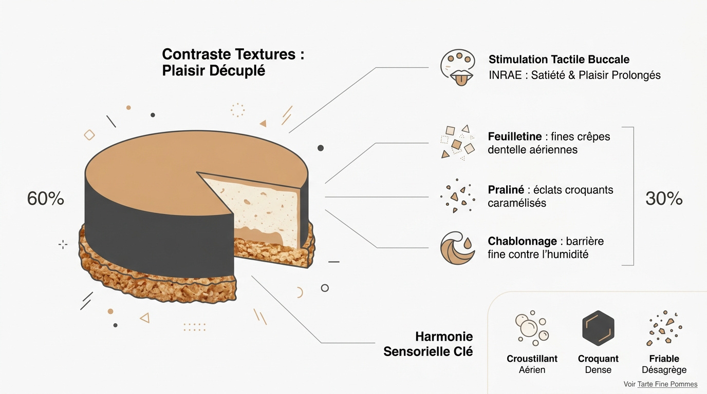 Infographie expliquant l'impact des textures croustillantes sur le plaisir gustatif en pâtisserie