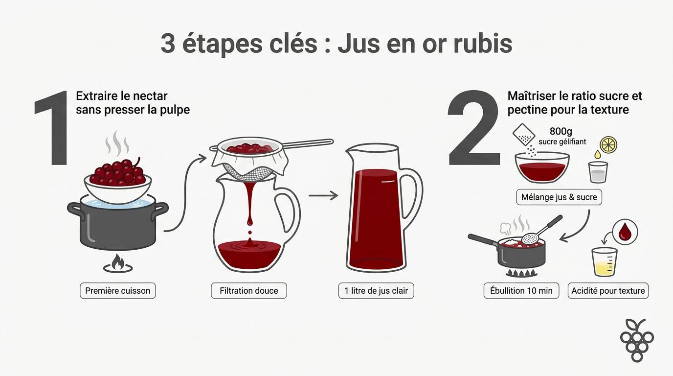 Infographie montrant les étapes pour transformer les raisins en jus rubis translucide