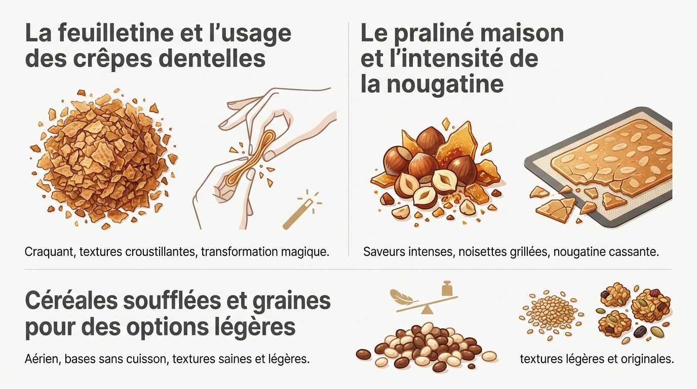 Sélection d'ingrédients professionnels pour apporter du croustillant en pâtisserie