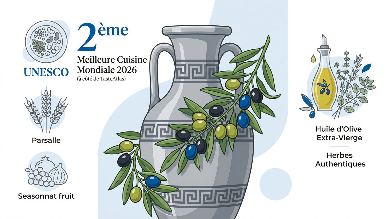 Plats traditionnels grecs et huile d'olive sur une table méditerranéenne