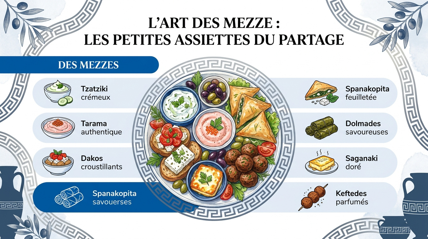 Assortiment de mezze grecs traditionnels avec tzatziki, olives et pain pita