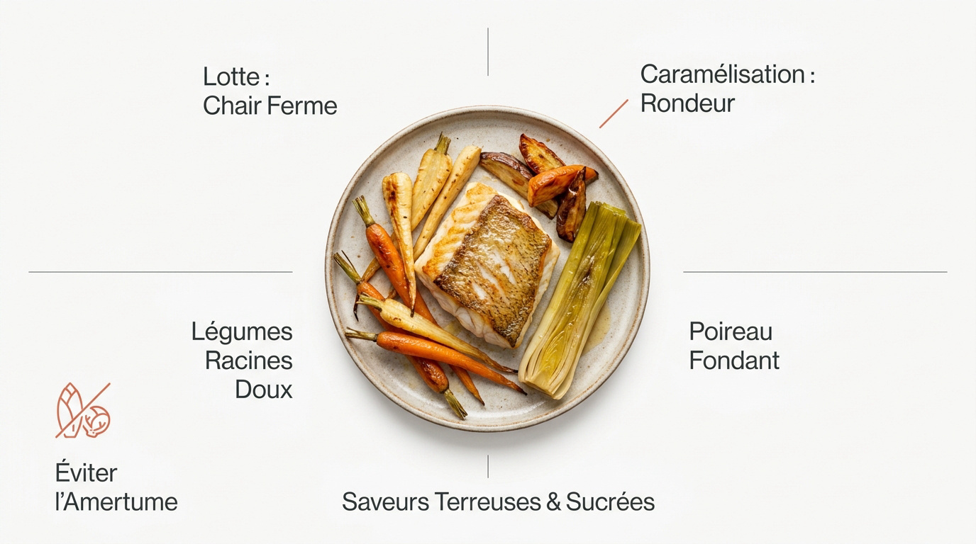 Queue de lotte rôtie aux légumes racines caramélisés