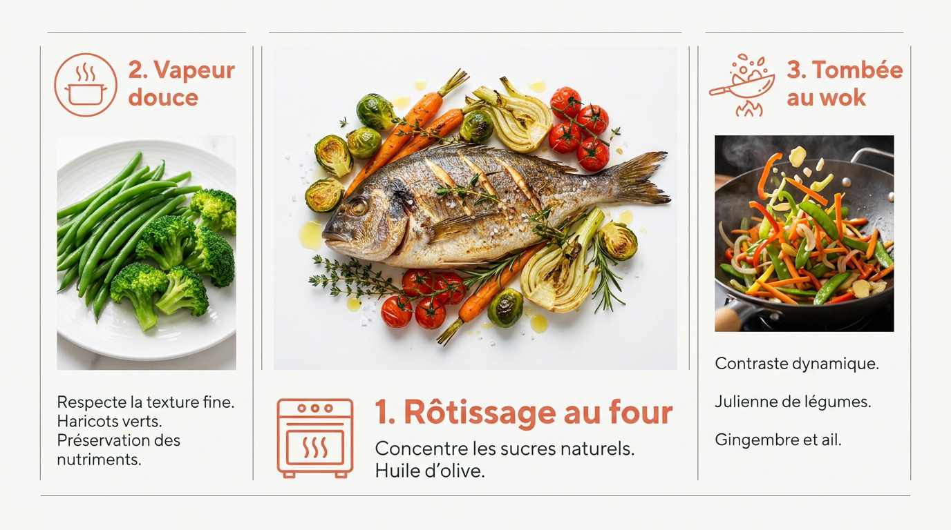 Légumes rôtis au four, à la vapeur et sautés au wok pour accompagner la lotte