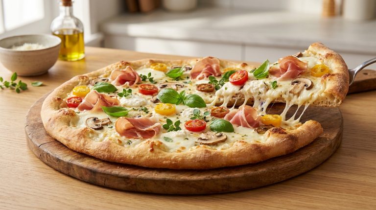 Une pizza appétissante sur une planche en bois, avec une part soulevée montrant du fromage fondu et de la crème fraîche.