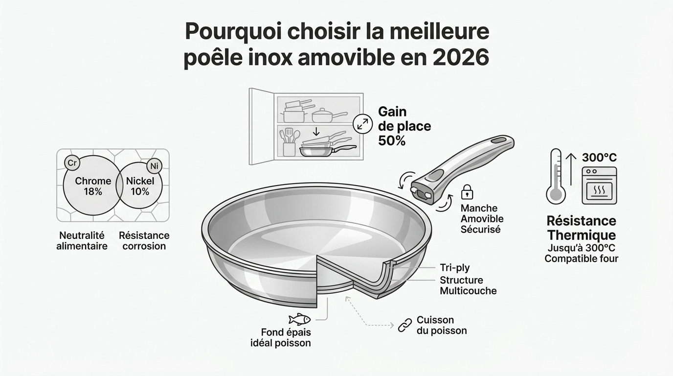 Poêle en inox 18/10 avec manche amovible pour un rangement optimisé