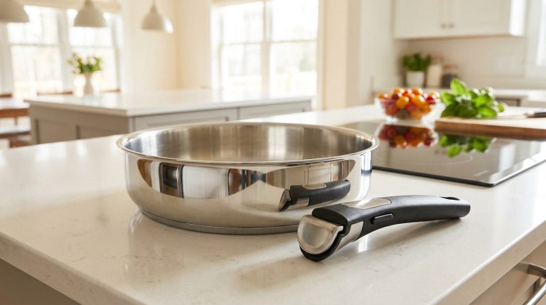 Poêle en acier inoxydable avec poignée amovible posée sur un plan de travail de cuisine moderne.