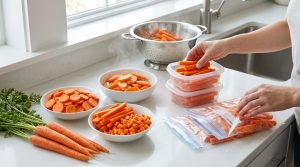 Une personne prépare des carottes coupées pour la congélation sur un comptoir de cuisine.