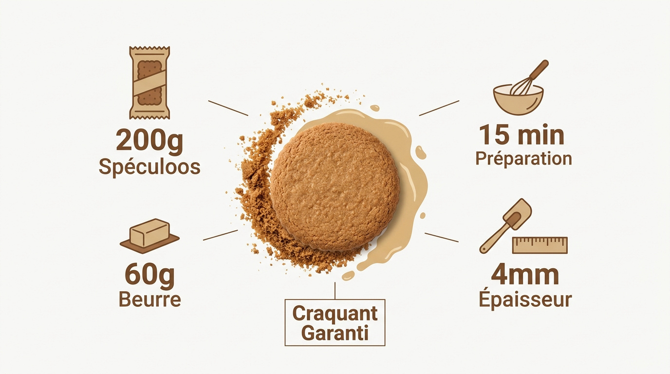 Préparation d'un fond de gâteau croustillant aux spéculoos et beurre fondu dans un cercle pâtissier
