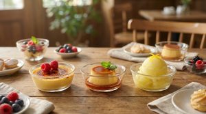 Sélection de desserts gourmands servis dans des bols en verre sur une table en bois rustique.