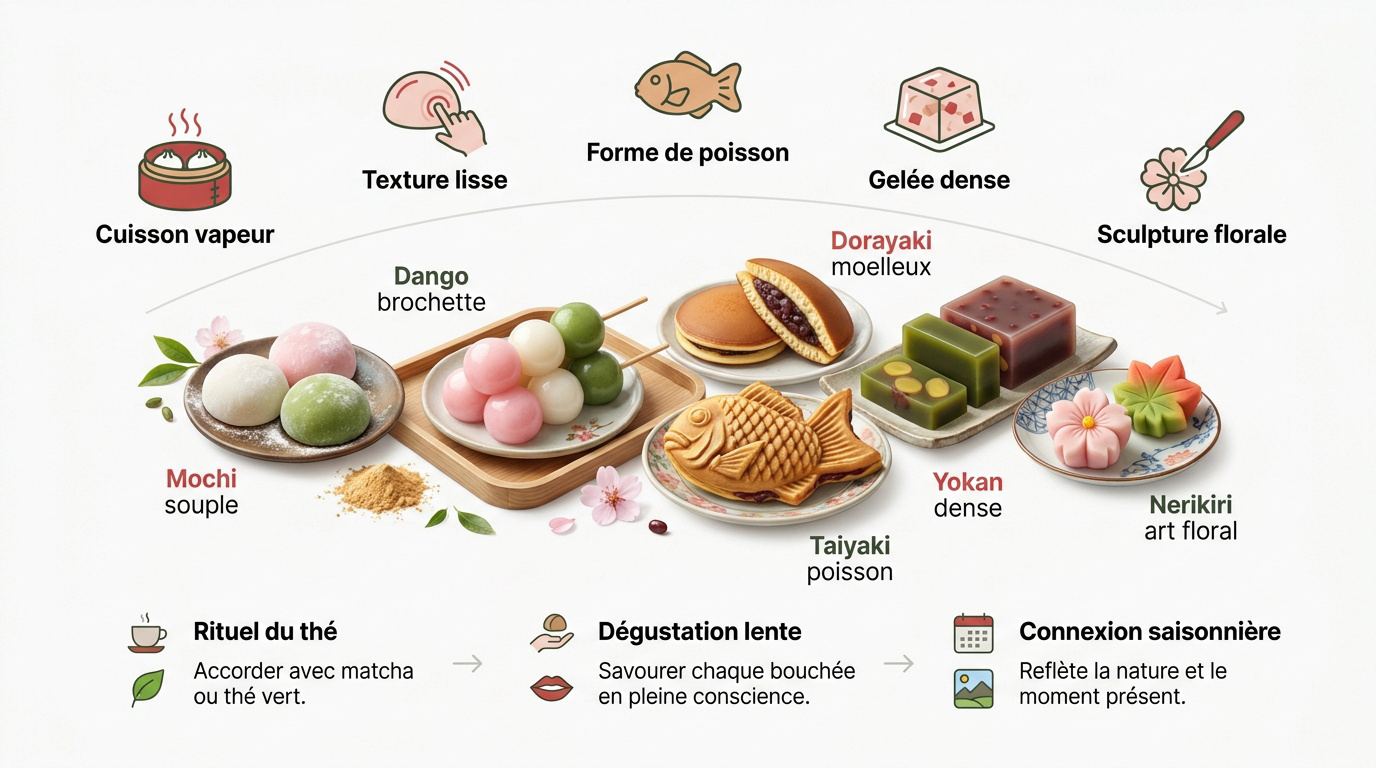 Sélection de pâtisseries traditionnelles japonaises wagashi servies avec du thé