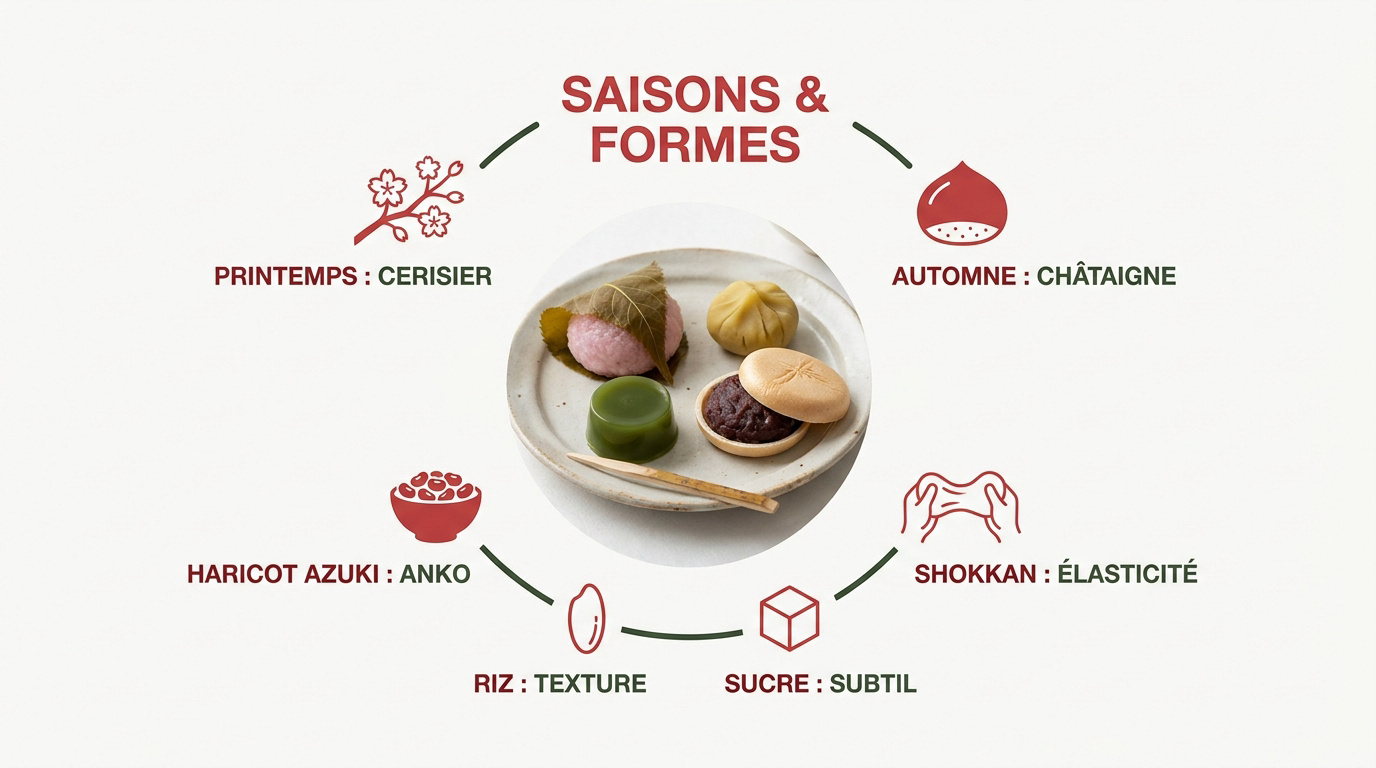 Assortiment de wagashi traditionnels illustrant la saisonnalité et la finesse japonaise