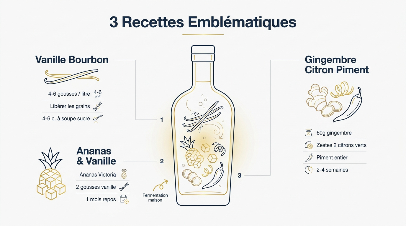 Trois bocaux de rhum arrangé en cours de macération avec fruits et épices