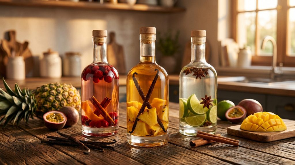 Trois bouteilles de rhum arrangé avec des fruits et épices sur une table en bois dans une cuisine lumineuse.