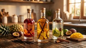 Trois bouteilles de rhum arrangé avec des fruits et épices sur une table en bois dans une cuisine lumineuse.